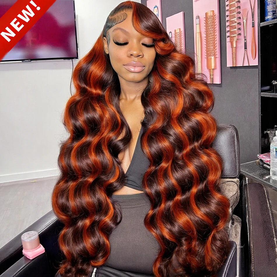 

Парик из натуральных волос Highlight Ombre Body Wave Ginger, 13x6 HD, с кружевной передней частью, предварительно сформированный, плотность 250%, коричневый, цветной