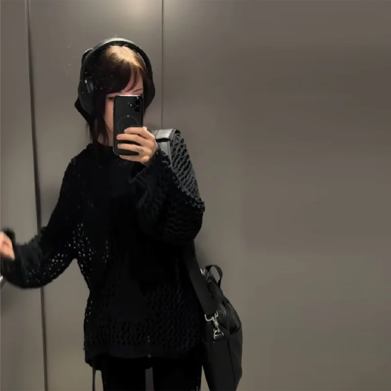 

Gothic Y2K Hollow Out Knit Pullover Women's See Through Long Sleeve Smock Top Fishnet Sweaters Loose Knitwear 2025 New Sexy Tops