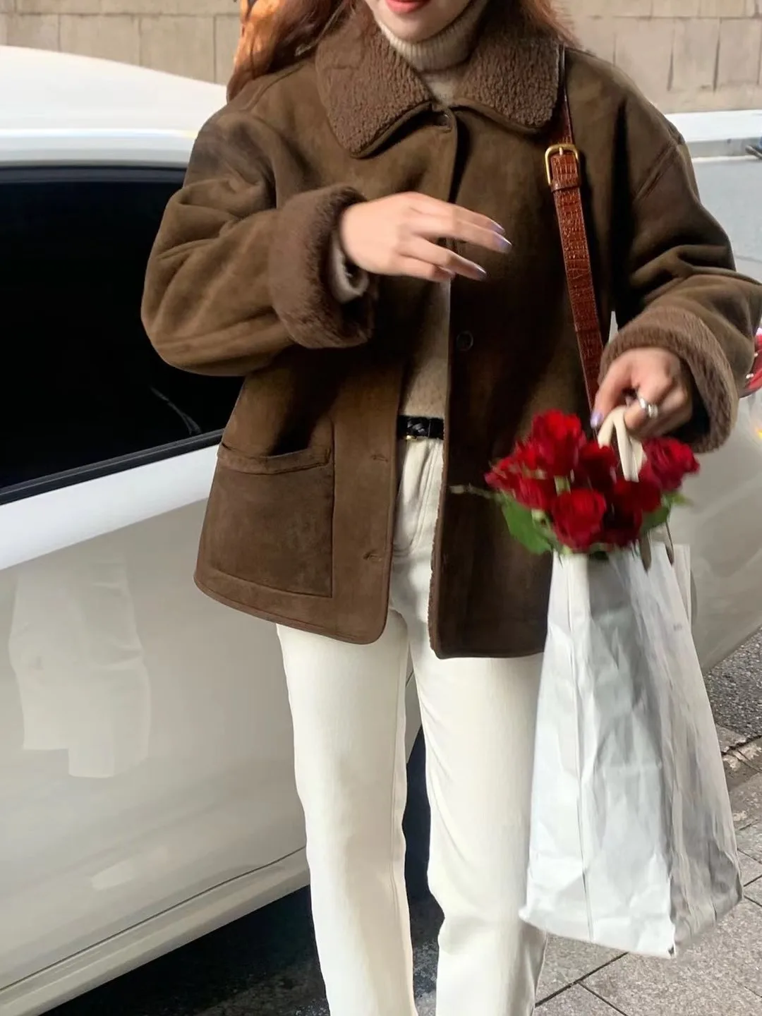 

Lamb Fur Jaet Women's Autumn Winter Korean Sle Double ket Open Cardigan Warm Top Two-Way Wearable Faionable Outerwear