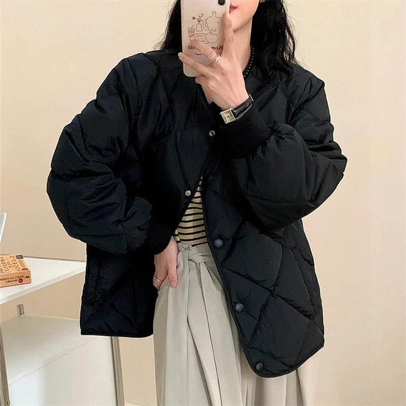 

Y2K Autumn Winter Down Cotton Coat 2024New Round Collar Covered Button Women's Clothes Solid Color Fashion Loose Female Outeawer