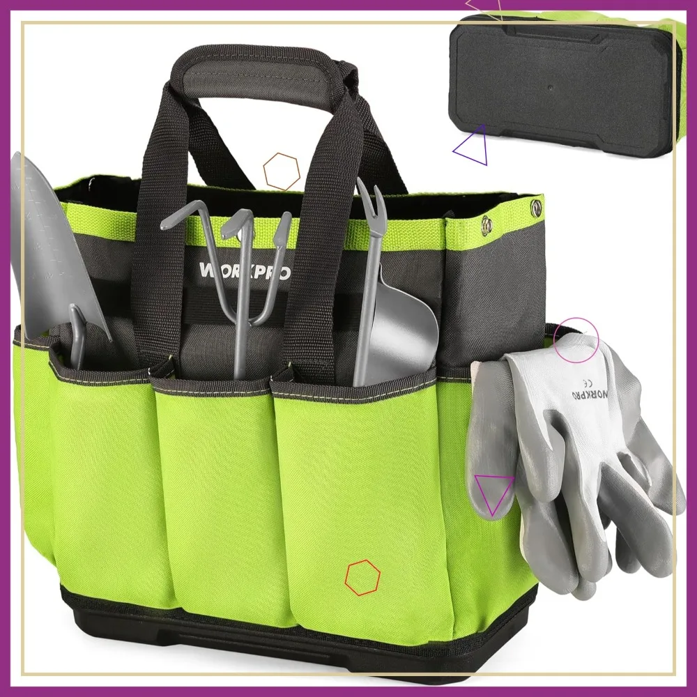 

Garden Tool Bag with Waterproof Base, 8 Pockets Heavy Duty Oxford Tote Caddy for Indoor Outdoor Storage, Tools Not Included