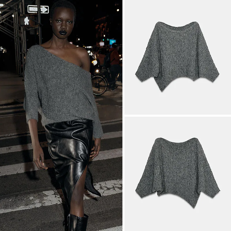

Winter New Arrival Asymmetrical Texture Knitted Top Women's Casual Sle One-oulder Elbow Sve Faionable Girl's Wear