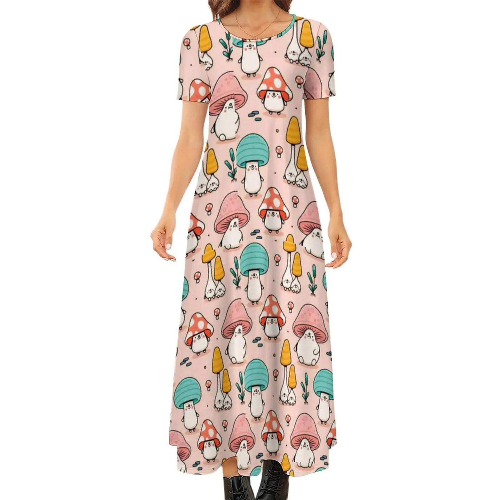 Cute Fantasy Mushroom Dress Cartoon Pink Blue Art Cute Maxi Dress Street Style Boho Beach Long Dresses Lady Short Sleeve Vestido