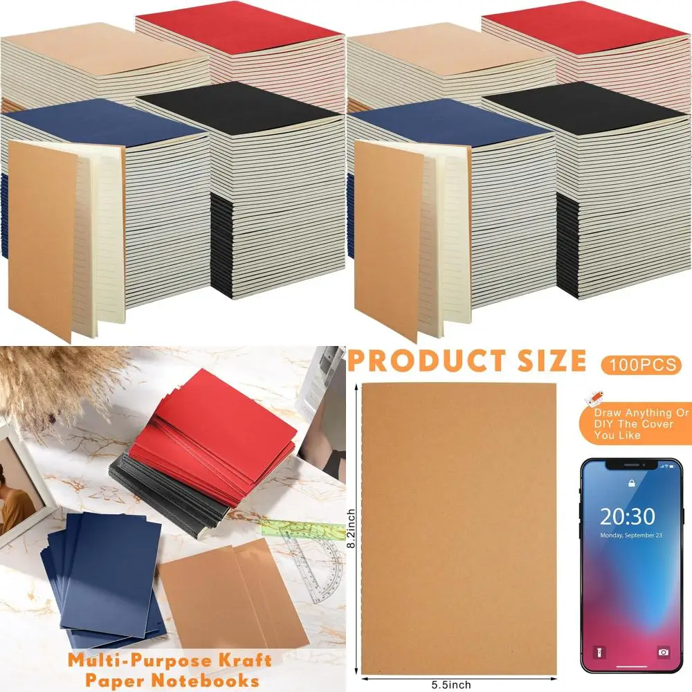 

Блокноты формата А5 с крафт-обложкой, 100 шт., 60 страниц, 5,5x8,3 дюйма, в подкладке, разные цвета для письма и рисования