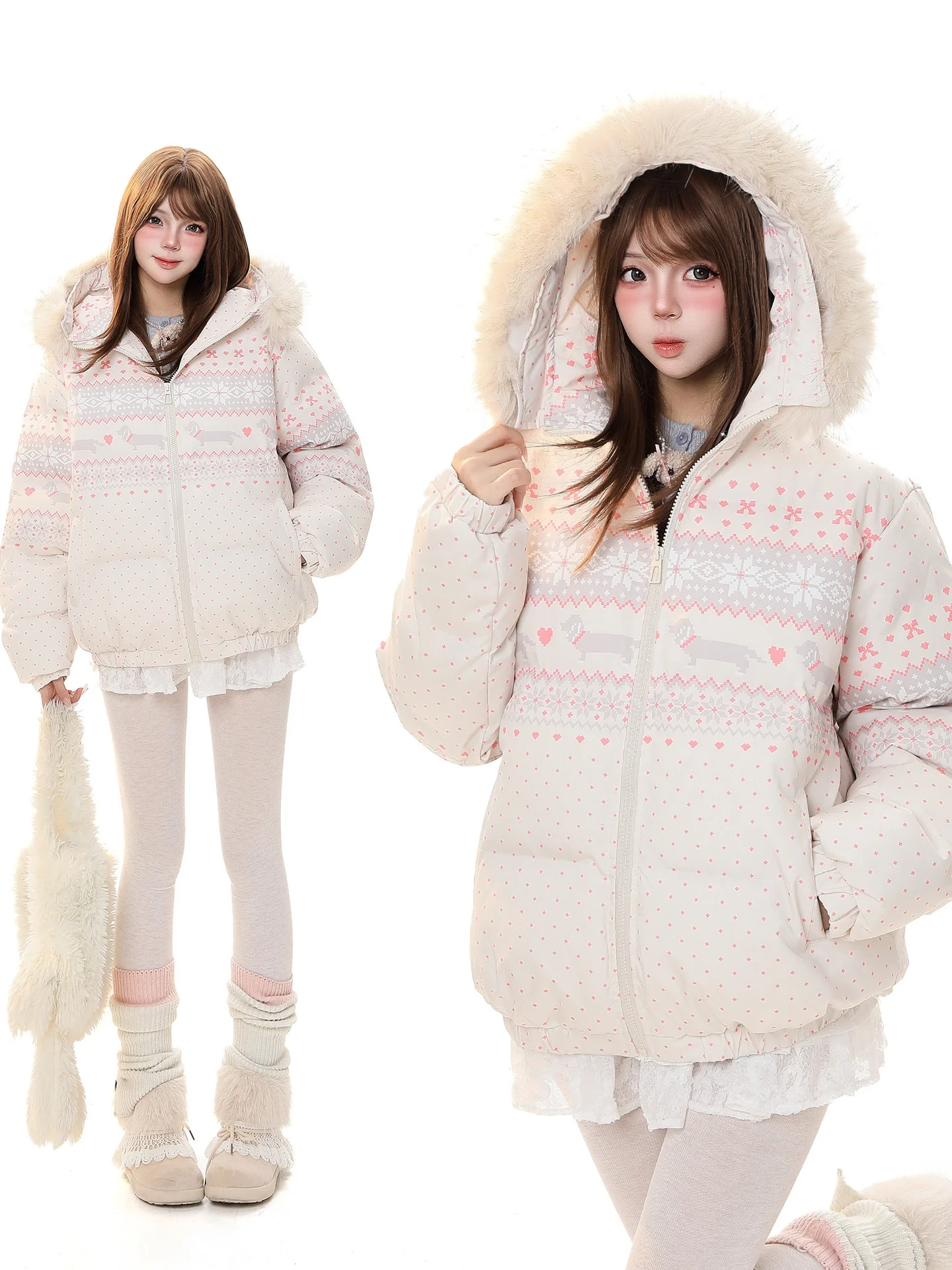 

Новая теплая женская зимняя куртка Sweet Dopane из хлопка с капюшоном, меховым воротником и длинными рукавами на молнии, с узором Fair Isle