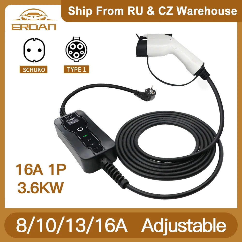 ERDAN 16A 3.6KW Tipo 1 Caricatore EV portatile Tipo 2 Caricatore a muro SAE J1772 IEC 62196-2 Per la ricarica dell\'auto dei veicoli elettrici