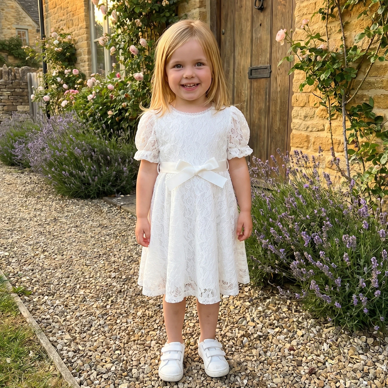 3-10Y Little Girl Summer Dress Puff Short Sleeve Crew Neck Lace Floral Embroidery A Line Pincess Party Dress with Belt