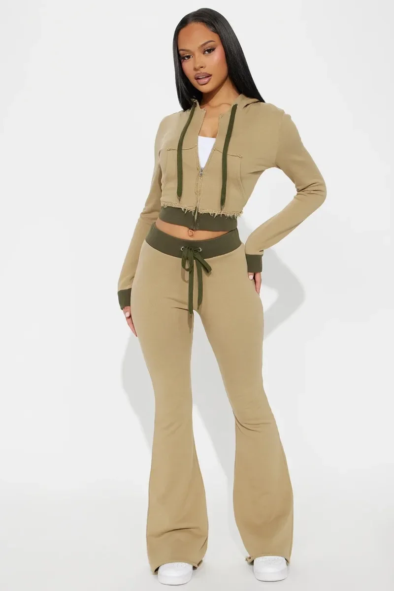 Women Tracksuits Casual 2 Piece Set Color Patchwork Zipper Full Sleeve Hooded Sweatshirts Crop Tops + Flare Pants Casual Suits