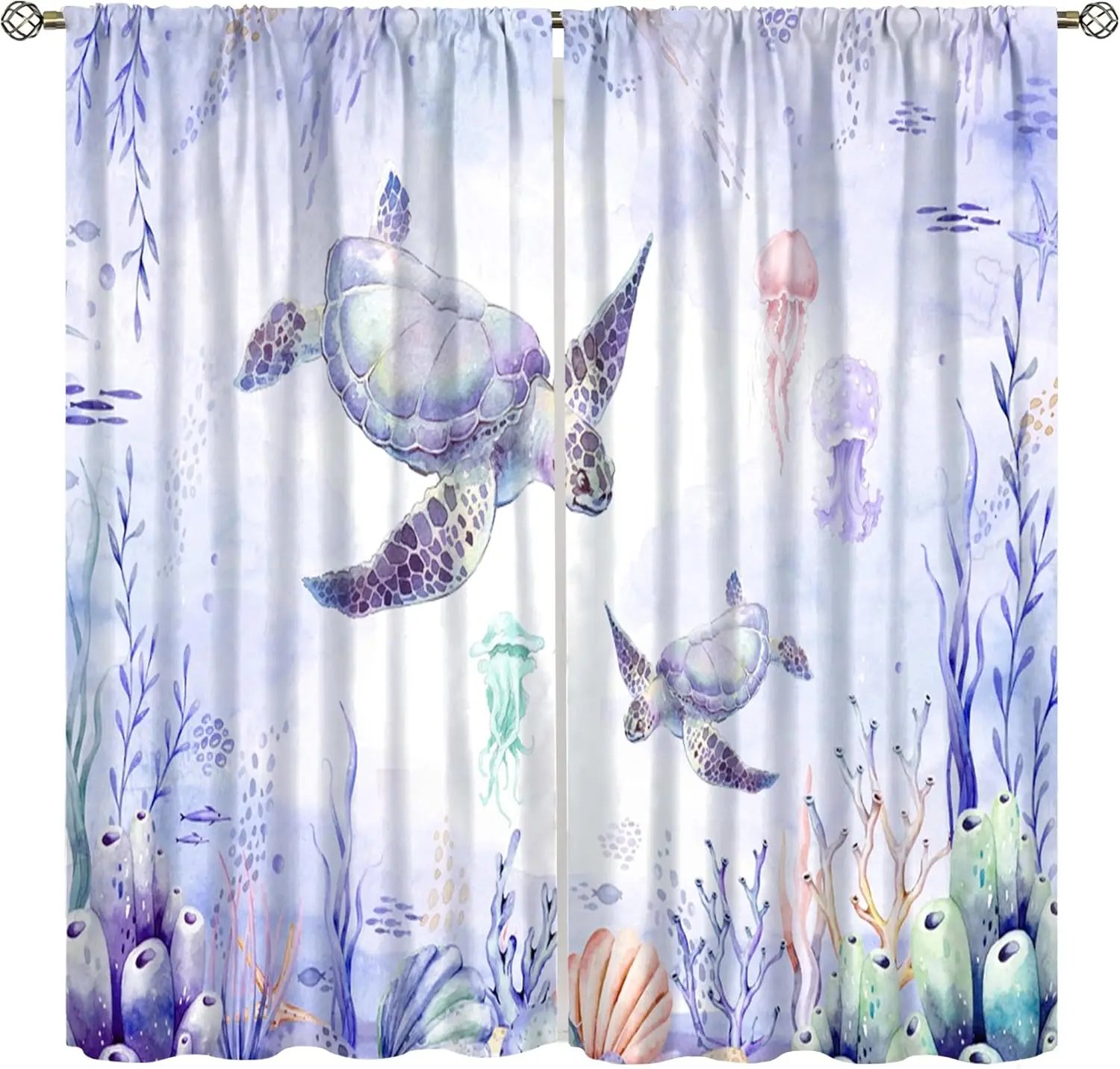 Sea Turtle Curtains Colorful Underwater World Jellyfish Coral Fish Watercolor Illustration Window Treatments for Boys Girls Kids