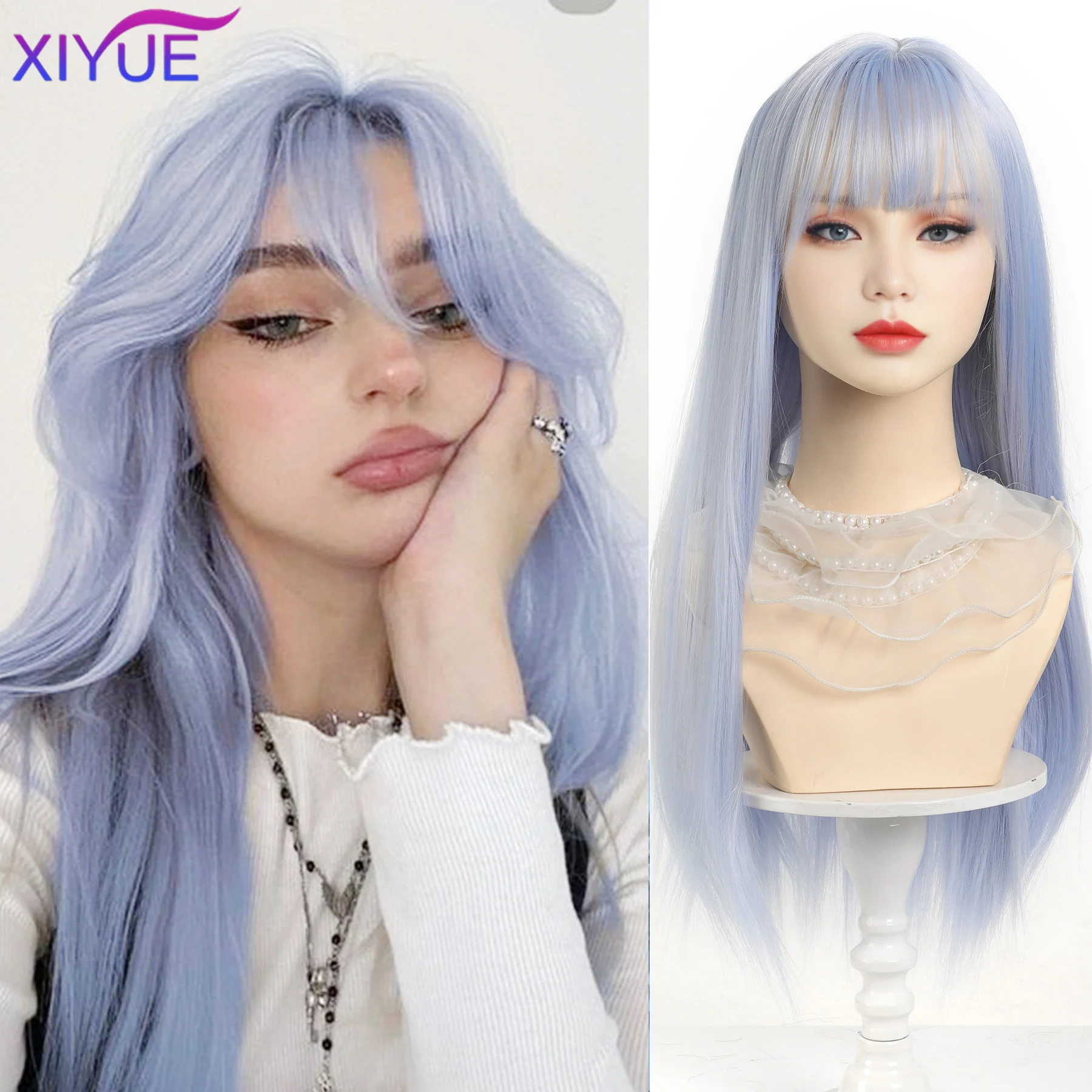 

XY Long Straight Synthetic Wigs Light Blue with Ash Highlight Cosplay Wig with Bangs for Women Natural Hair Heat Resistant Fiber