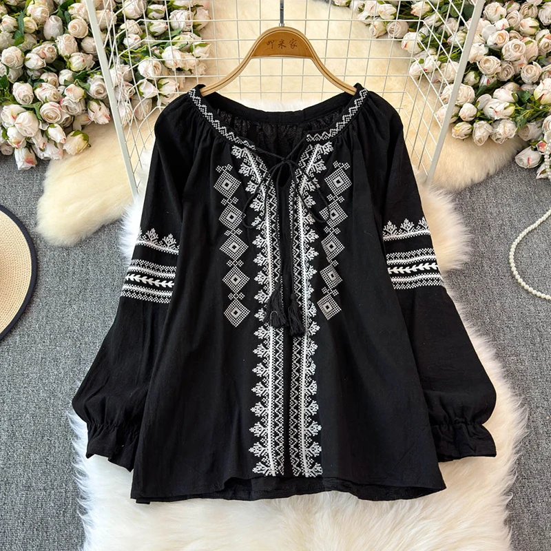 EWQ Vintage Embroidery Blouse For Women Lace-up Design Round Collar Long Sleeve Loose Casaul Clothing 2024 Autumn New 27X1085