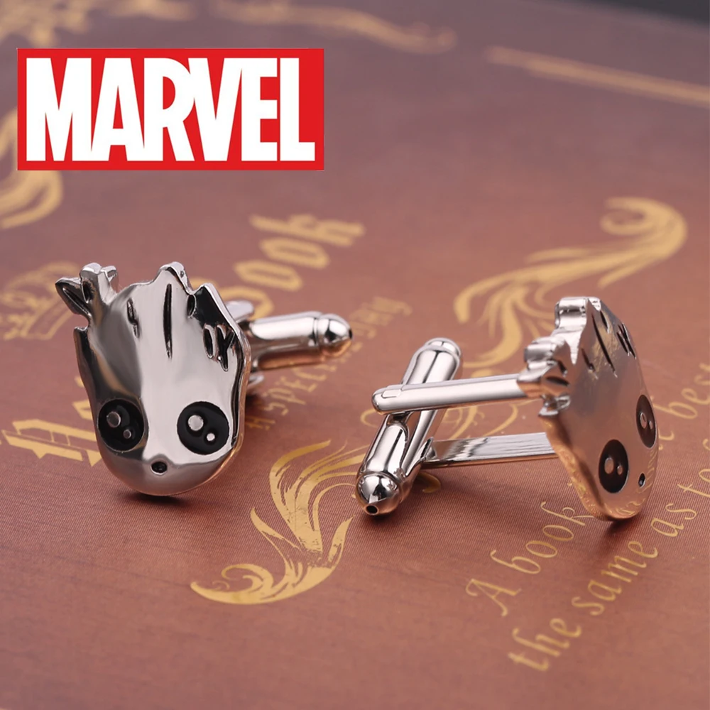 Gemelos de películas de Marvel, guardianes de la galaxia, Superhéroes, lindos Groot, Color plateado, camisas, accesorios de joyería para hombres