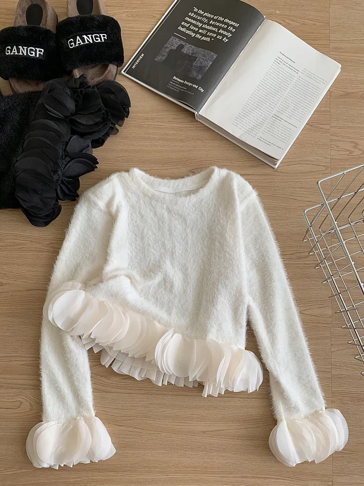 Fashion Simple Luxury Sweater Vintage O-Neck Flare Sleeve Pullovers Solid Colors Office Lady Autumn Winter Korean Y2K Streetwear