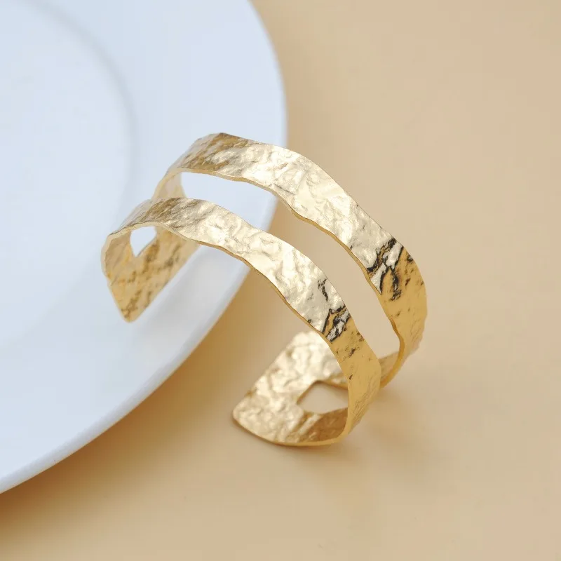 Vintage Irregular Gold Plated Cuff Bracelets Adjustable Dainty Open Bangle Handemade Jewelry for Women