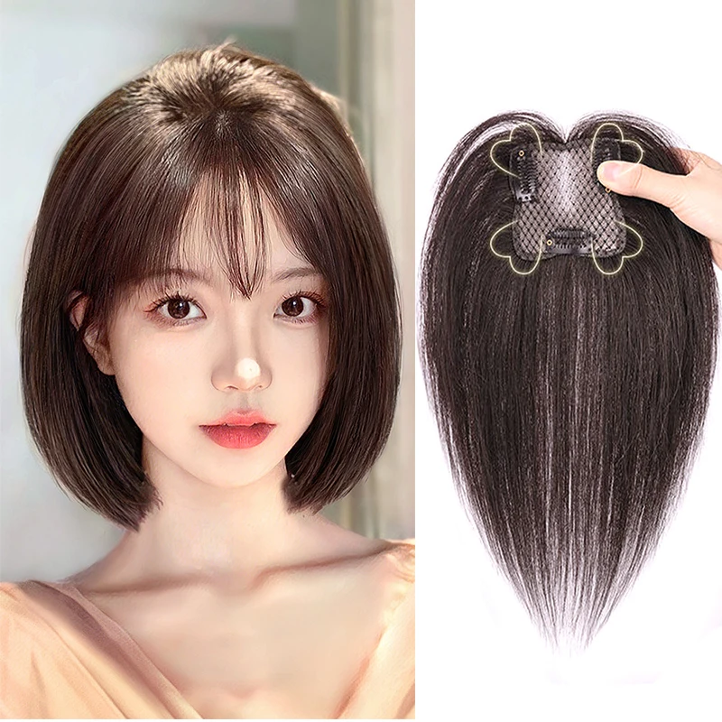 Flequillo estilo trébol de cuatro hojas para pelucas de mujer, diseñado para agregar volumen y cubrir el cabello gris en la corona, hecho de cabello Remy