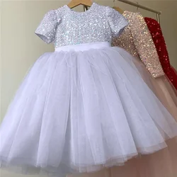 Kids Girls Sequin Dress for White Wedding Party Tutu Ball Kid Evening Formal Gowns 3-8Y Children Communion Fluffy Princess Dress