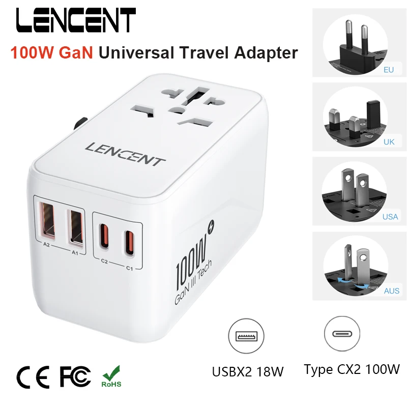 LENCENT 100W GaN Universal Travel Adapter with 2 QC4.0 USB+2 PD3.0 Type-C PPS Fast Charging EU/UK/USA/AUS multi plug for Travel