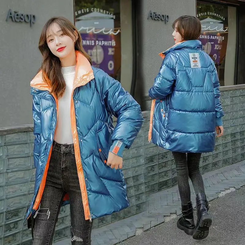 2023 Winter Fashion Jacket Ladies Long Coat Women Shiny Oversize Stand-up Collar Coat Black Warm Parka