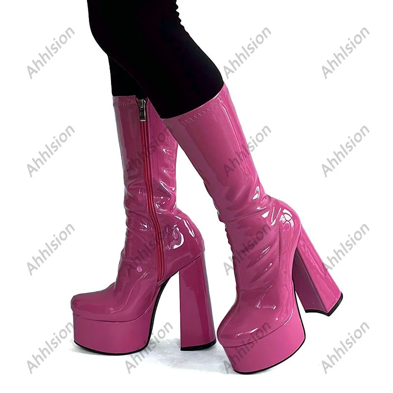 Ahhlsion New Fashion Women Spring Mid Calf Boots Chunky Heels Round Toe Beautiful Violet Club Shoes Ladies US Size 5-15