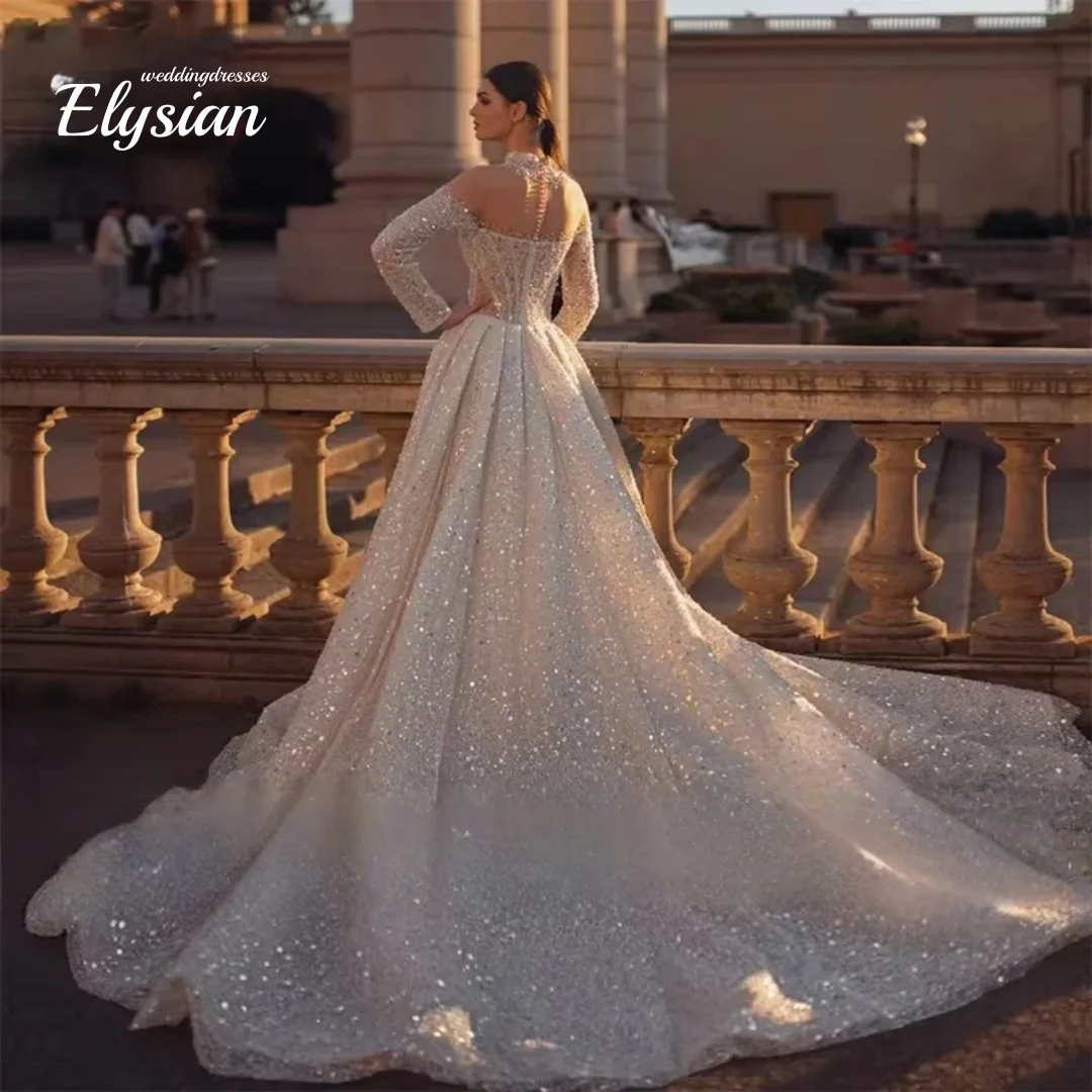 Customized Glitter Wedding Dresses A Line Bridal Gowns Beading Appliques Full Sleeves Robes For Women Vestidos De Novia
