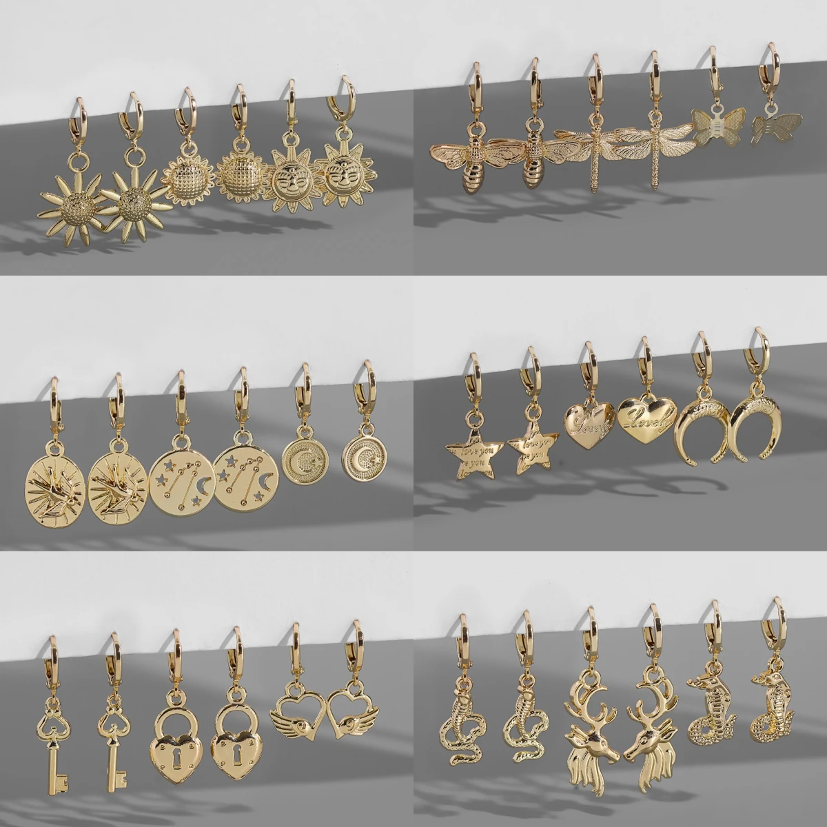Vintage Mond Sonne Insekt Charms Anhänger Ohrringe für Frauen Mädchen Niedliche Goldfarbe Schlange Metall Kleiner Kreis Huggies Ohrring Bijoux