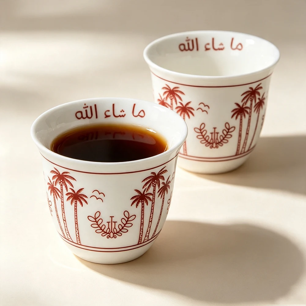 Juego de Tazas de Café de Cerámica con Diseño de Palmera de Coco Árabe, Tazas Pequeñas Cawa de Oriente Medio, Tazas de Té para Degustación, 70 ml, Juego de 12 Piezas