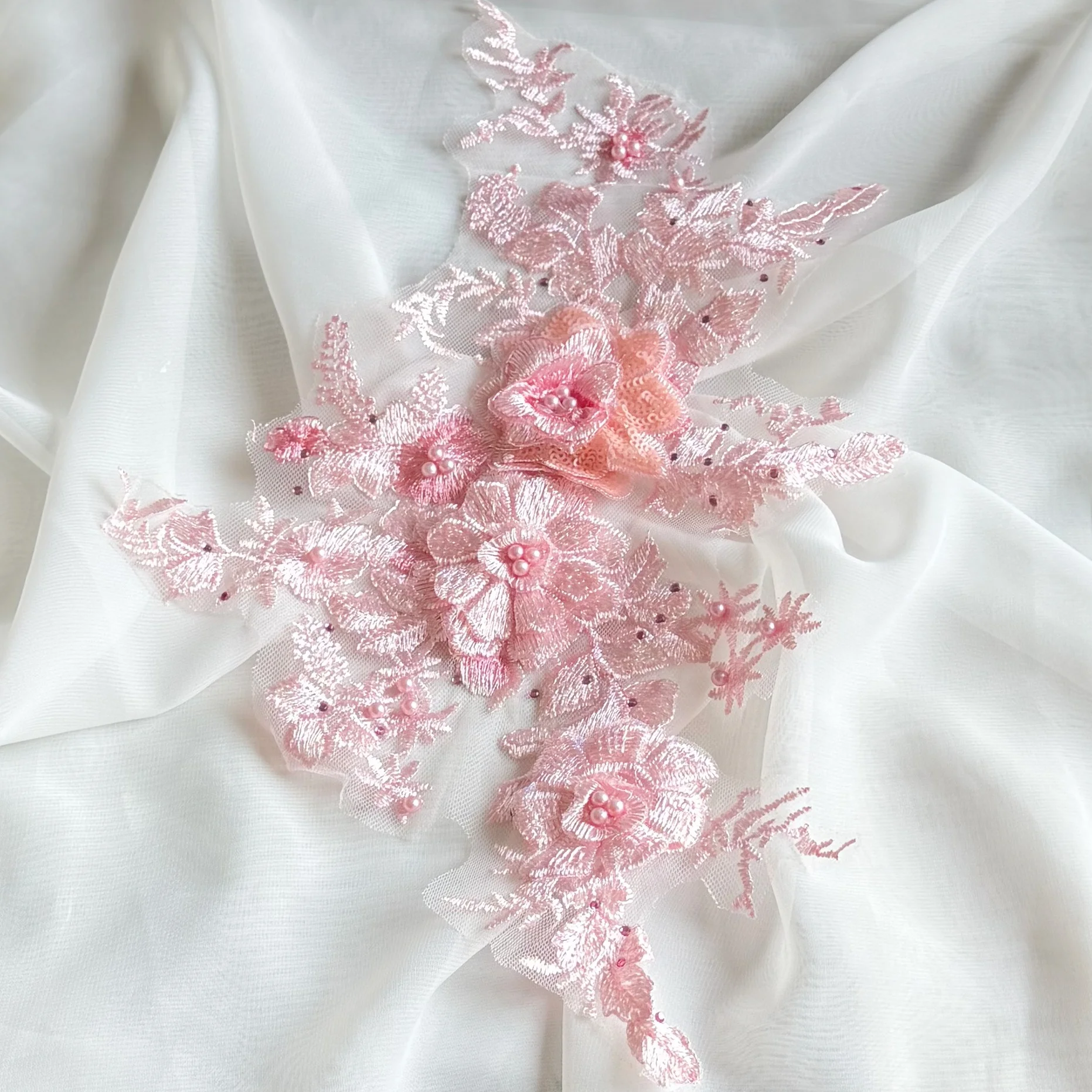 1Pcs Pink Cafe Flower Embroidery Patch Mesh Net Fabrics Lace Applique Sew On Wedding Dress Baby Clothes Decoration Accessory DIY
