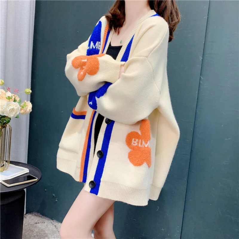 

Fashion Spring Autumn Hooded Oversized Sweater Female Cardigan Cute Cartoon Print Knit Cardigan Jacket Women Loose Sweater Coat