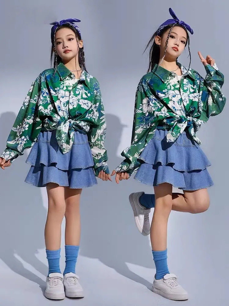 Kid Kpop Hip Hop Clothing Vintage Print Shirt Denim Blue Tiered Street Ruffled Mini Skirt for Girls Jazz Dance Costumes Clothes