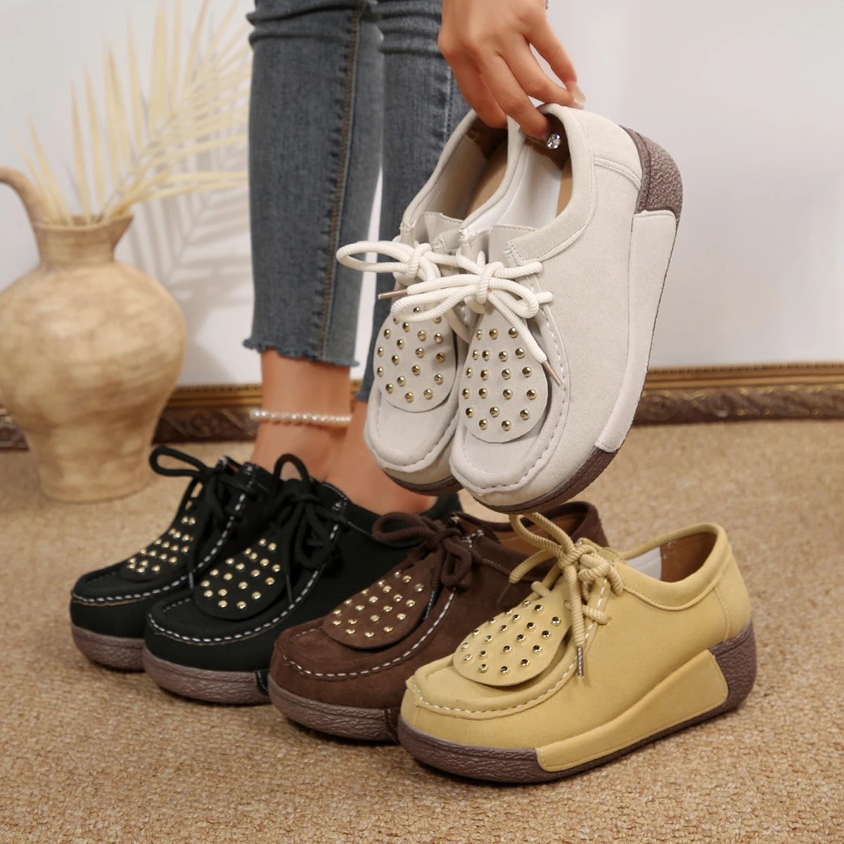 Autumn Women wedge heel Lace-up Upper Studded Decoration Suede Shoes Fashion Ladies Platform Flats comfortable casual sneakers