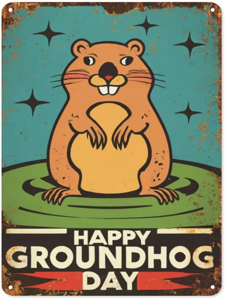 Vintage Tin Sign, 8x12 Inch Metal Wall Decor, Retro Happy Groundhog Day Tin Sign for Home Kitchen Bar Pub Garage Bathroom Decora