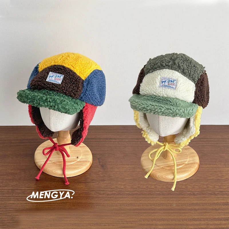 

Семейный стиль, зимняя смешанная детская шапка-ушанка с цветными блоками, теплая шапка с флисовой подкладкой для мальчиков, защитная шапка для ушей, детская утолщенная шапка