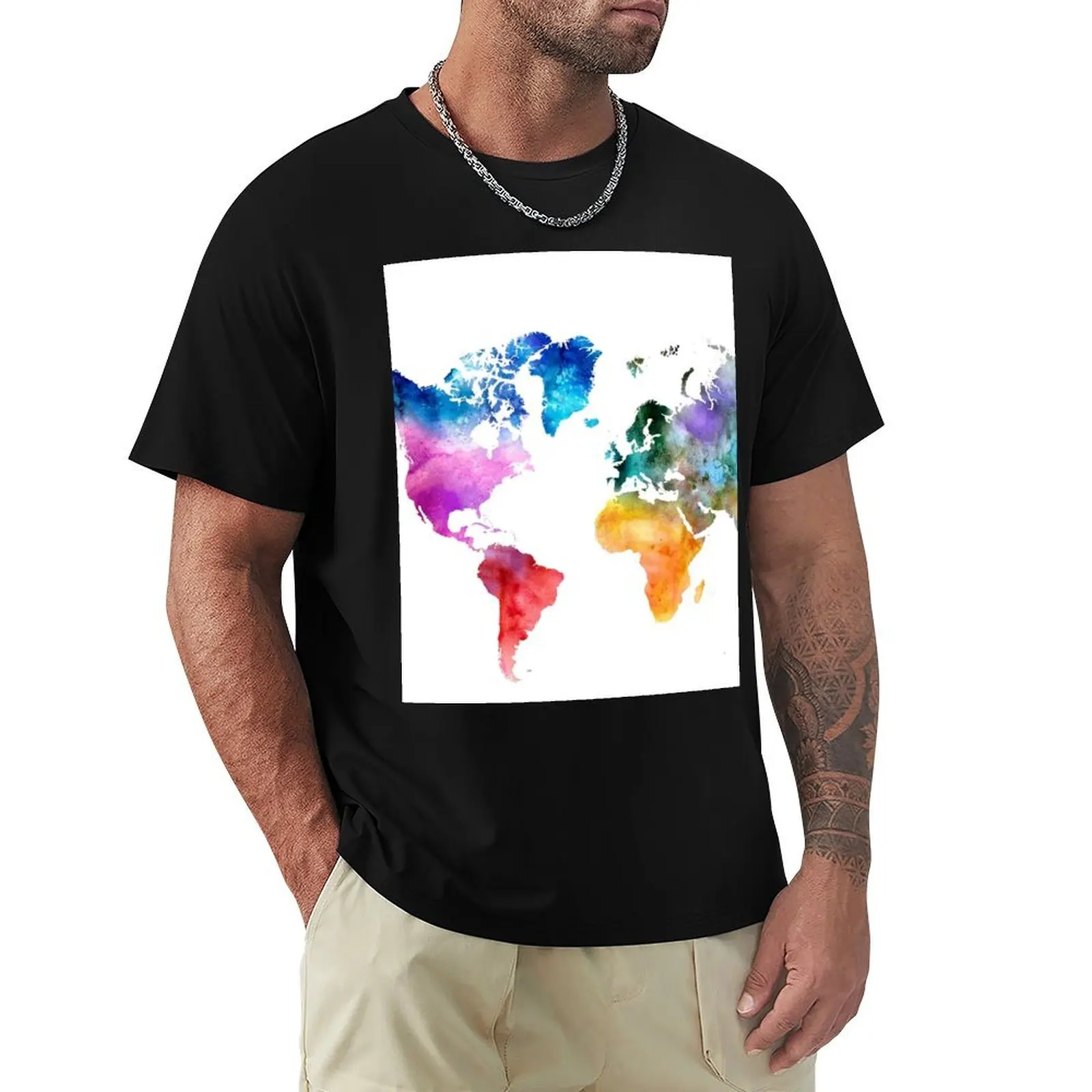 

Colorful watercolor map of the world with watercolor T-Shirt fashion shirts rapper graphic tees mens graphic t-shirts hip hop