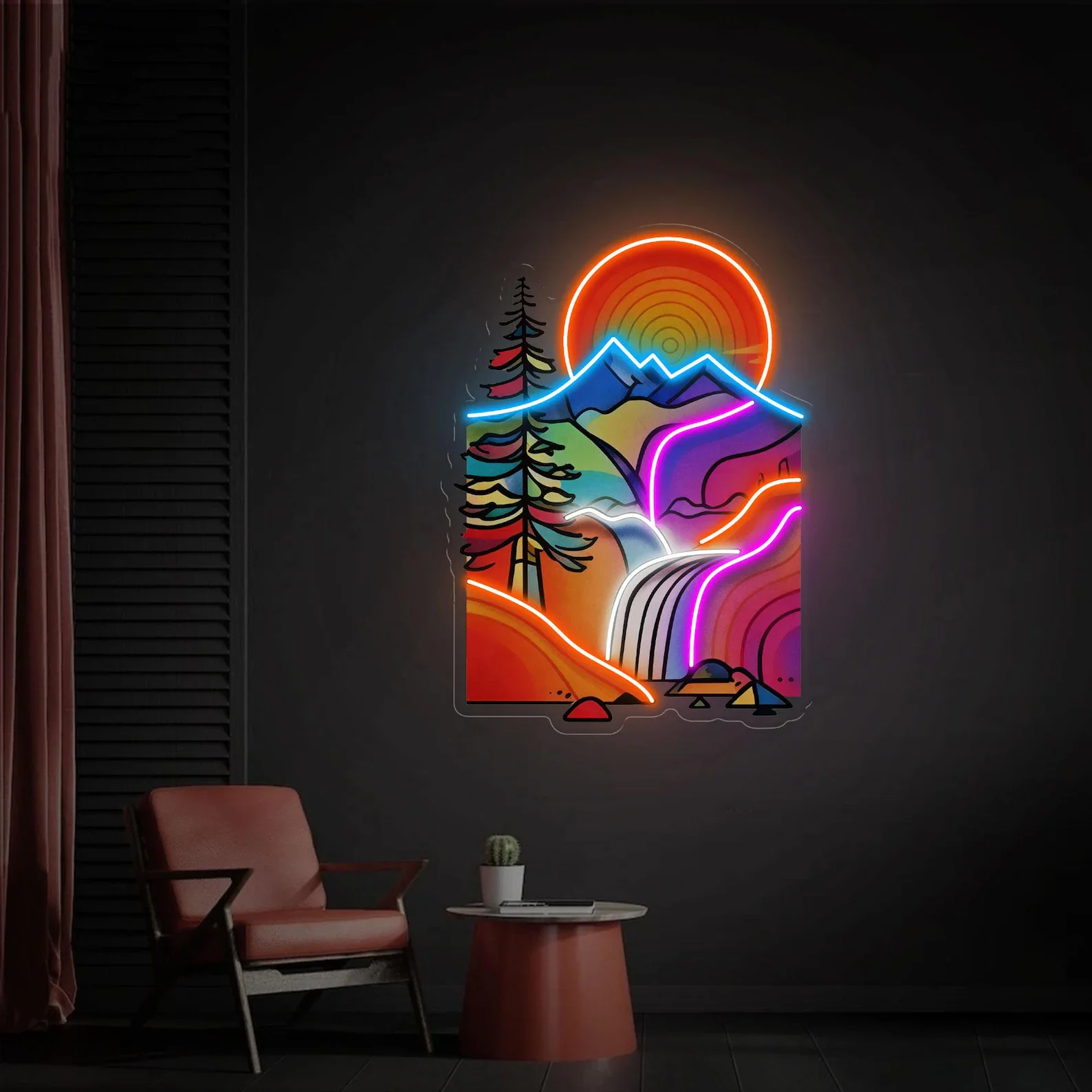 Retro Mountain Waterfall Neon Sign, Psychedelic Sunset LED Wall Decor for Cabin, Bedroom and Living Room