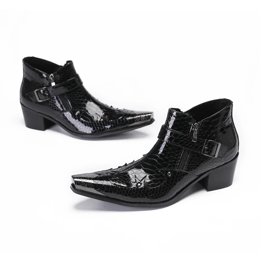 Business Office Men Formal Short Boot Fashion Lacquer Leather Square Toe Mid Heel Ankle Boot Plus Size Classic Office Ankle Boot image 2
