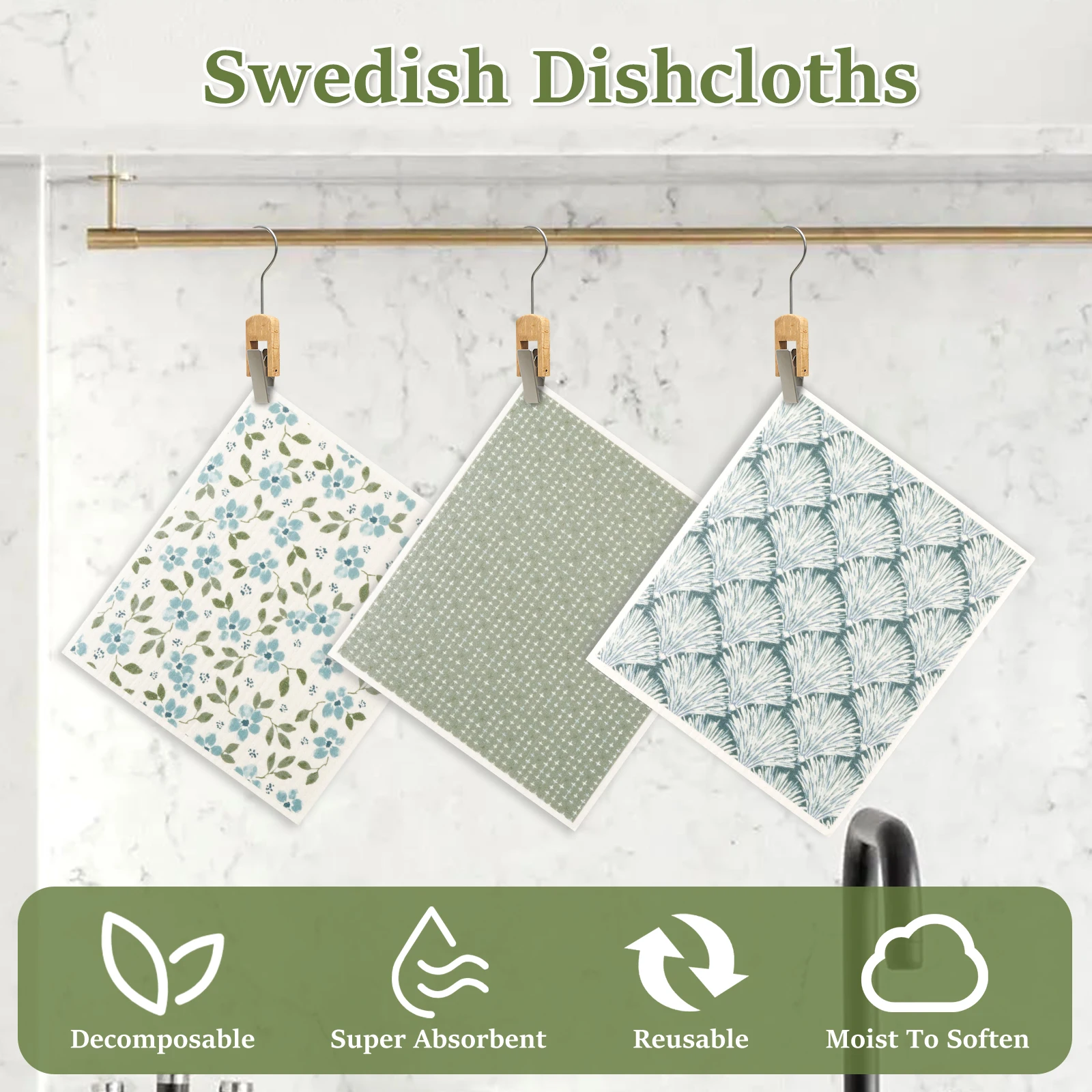 5/6Pcs Kitchen Dishcloths Eco-Friendly Reusable Swedish Dishcloths Print Absorbent Dish Towels for Counter Dishware Cleaning New