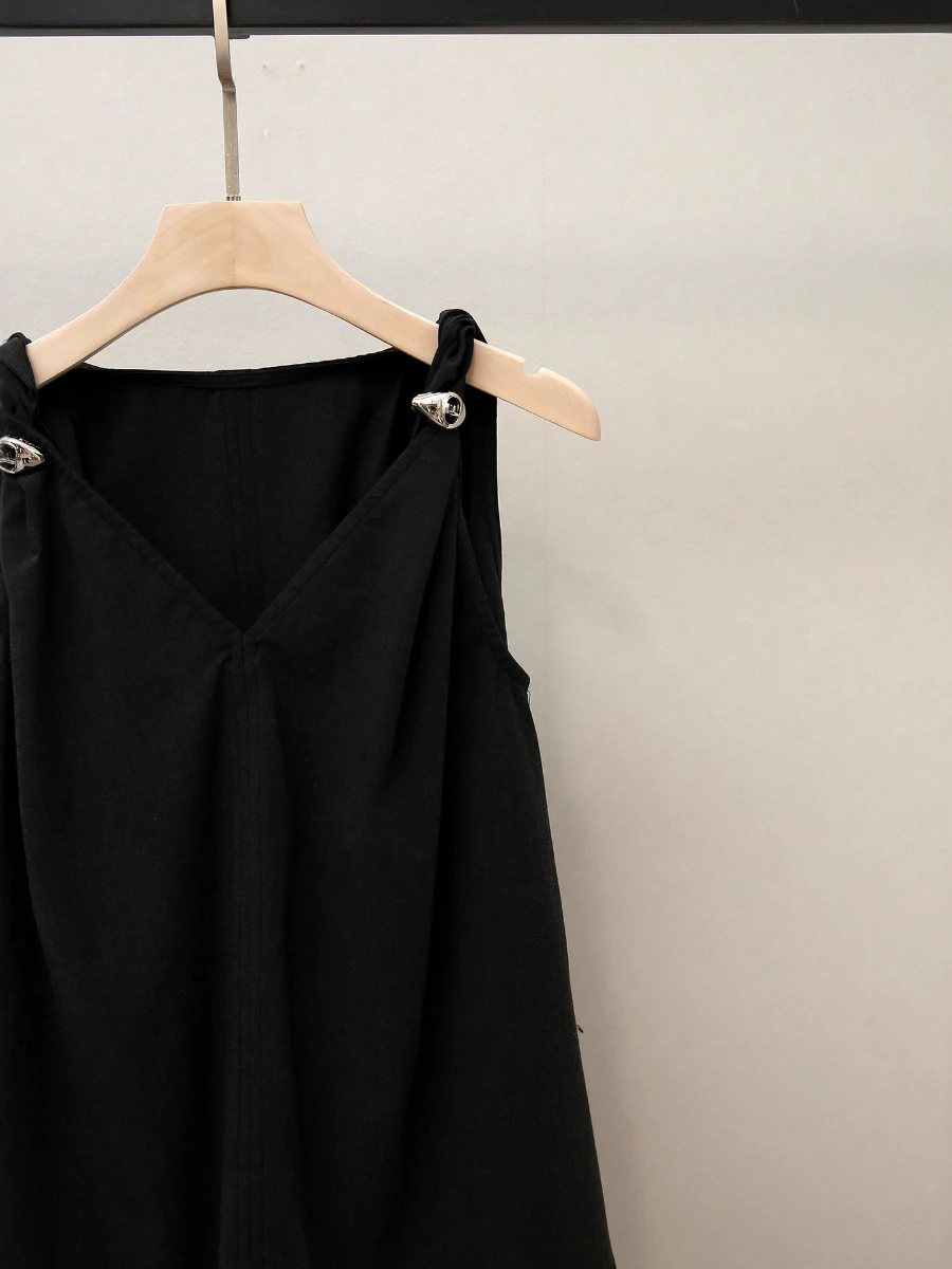 GALCAUR Black Spliced Button Casual Shirt Female V Neck Sleeveless Loose French Style Women's Shirts Fashion Autumn New Clothing