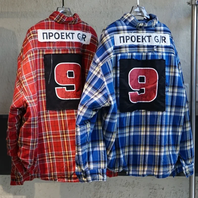 

Russian Sticker Printed Embroidery Logo Project Jacket Plaid Zipper Clip Cotton Coats Men Women Outerwear