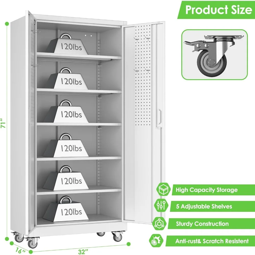 Metall-Aufbewahrungsschrank 32 x 16 mit 5 verstellbaren Regalen und Stecktafeln, Garagen-Aufbewahrungsschrank auf Rädern zur Organisation