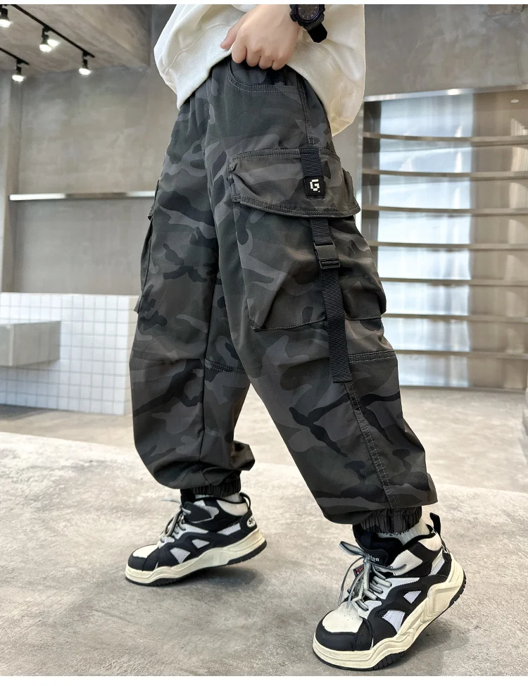 Neu eingetroffen: Camouflage-Cargohosen für Jungen, lockere Sport-Haremshosen, lässige, preisgünstige Kinder-Baumwoll-Camo-Hosen – Detail 5