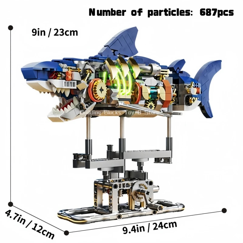 687 قطعة مكعبات بناء القرش الميكانيكية نموذج الحياة البحرية مع حامل عرض وأضواء كتلة لعبة الطوب طقم هدايا للأطفال والكبار #6