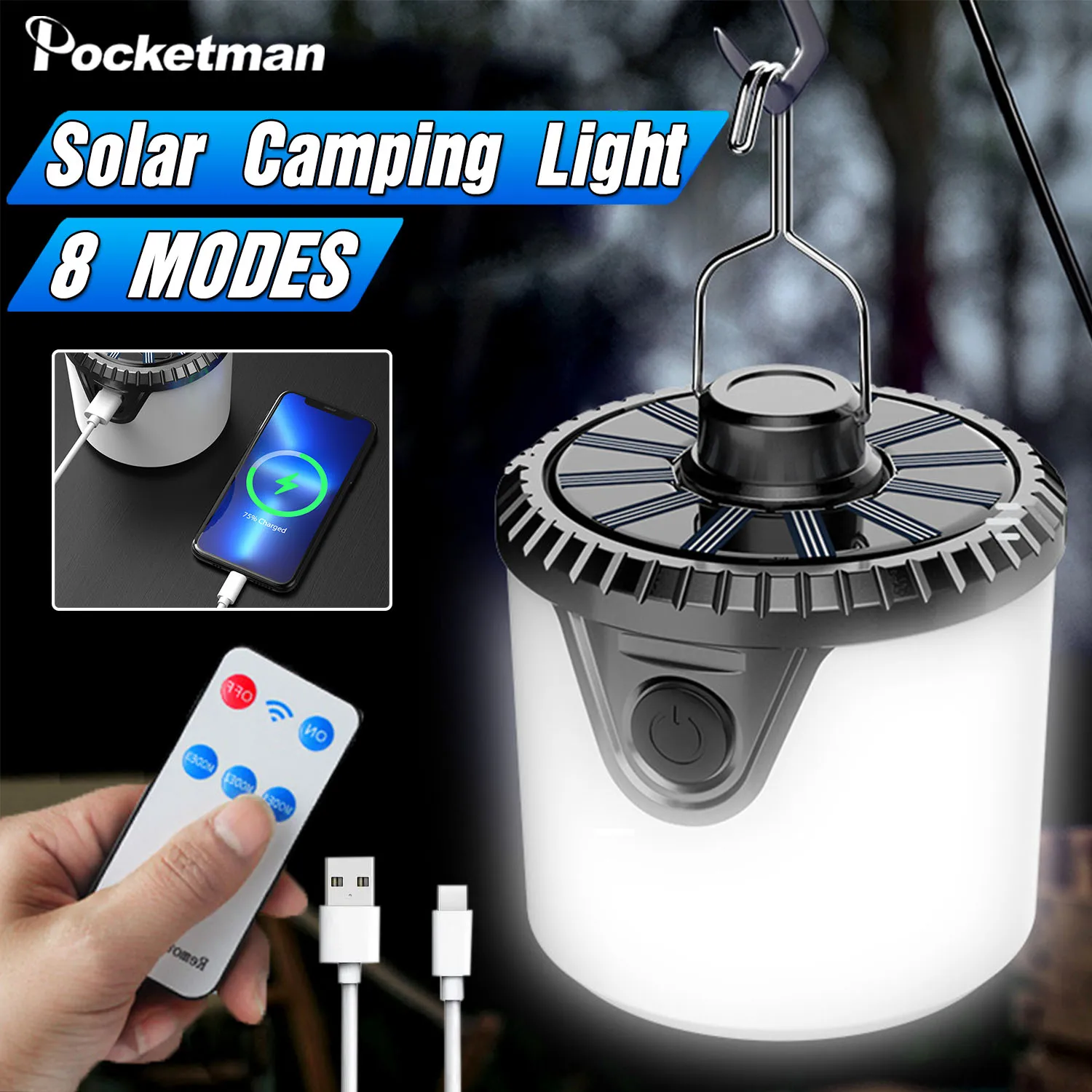 

Outdoor LED Camping Lantern USB Rechargeable 8 Modes Waterproof Portable Tent Torch with Remote Control Solar Hook Lanterns