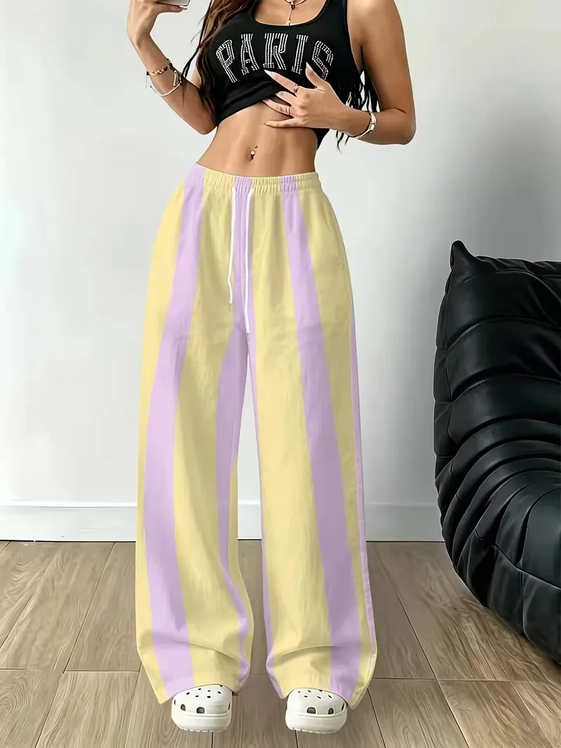3D polka dot striped printed loose straight leg pants, women's autumn and winter new retro pocket drawstring long sports pants