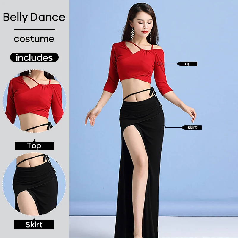 Belly Dance Costume 2 PCS Set Top and Long Skirt Long Sleeves For Adult Women Practice Clothes Outfit For Stage Performance