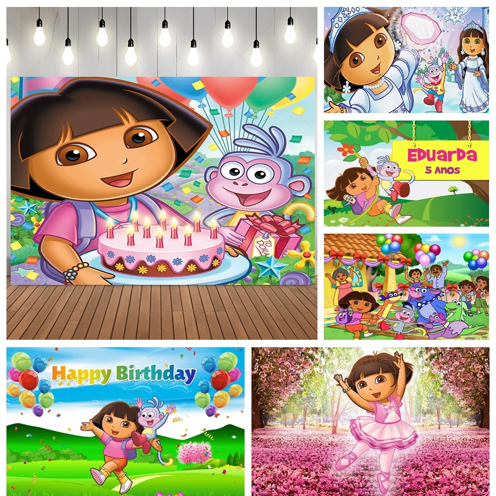 

Cartoon&Dora Theme Backdrop Kids Birthday Party Photography Background Green Forest Monkey Duck Baby Shower Photo Banner Props