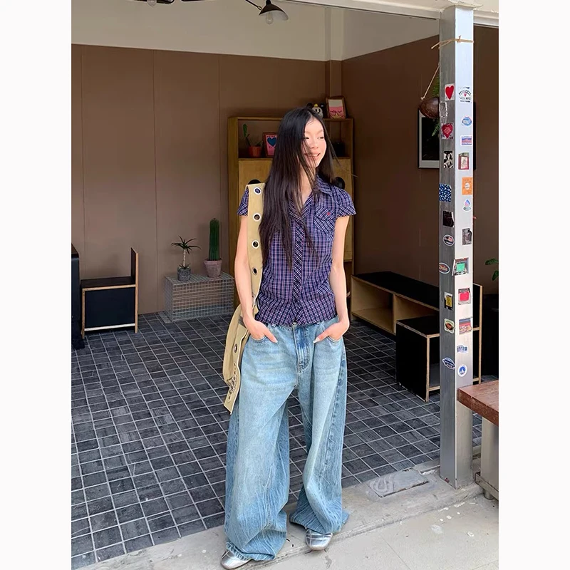 ZHIZOU Jesień 2025 Jeansy damskie z wysokim stanem Niebieskie Jeansy American Vintage Streetwear Y2K Szerokie Nogawki Spodnie Jeansowe Luźne Spodnie Denimowe w Stylu Lat 2000