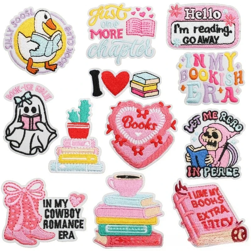 Libro Ricamo Adesivo in stoffa Lettura Teschio Patch Adesivo Vestiti Decorazione Borsa Capitolo ricamato Zai Love Learning Chapter