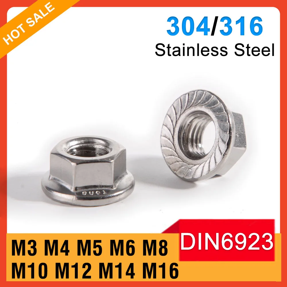 

5-300pcs Hexagon Flange Nut M3 M4 M5 M6 M8 M10 M12 M14 M16 DIN6923 304/316 Stainless Steel Serrated Hex Flange Lock Nuts