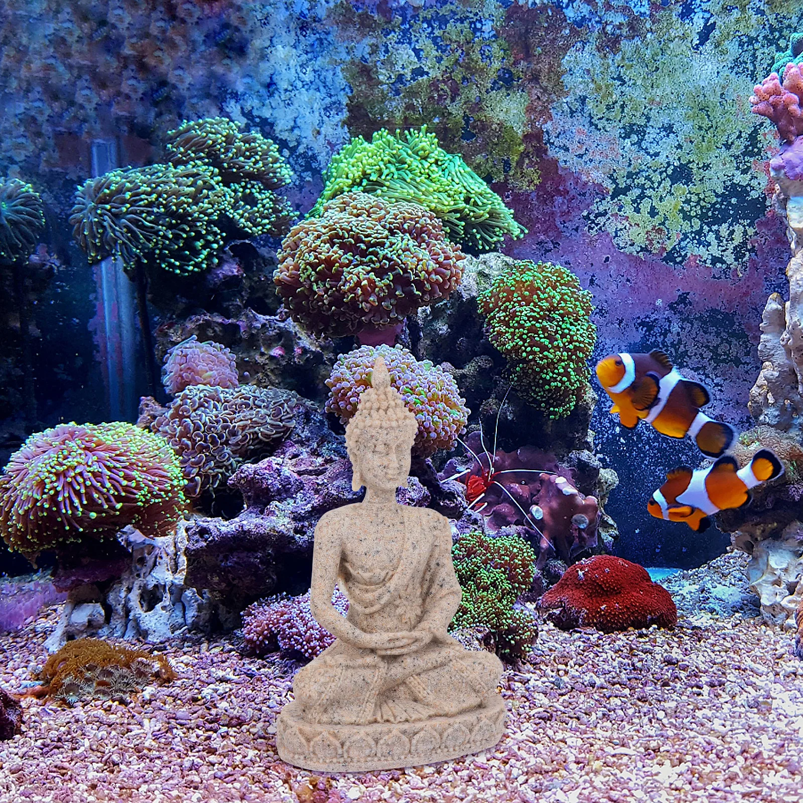 

Buddha Statue Fish Tank Ornament Sandstone Aquarium Landscape Decoration Environmental Protection Pet Hide Flat Bottom