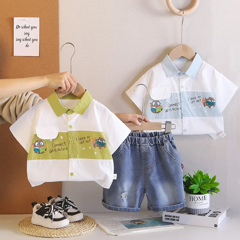 

Новый летний комплект детской одежды MILANCEL: блузка с мультяшными буквами для девочек (1-5 лет) + джинсовые шорты, свободный тонкий костюм для мальчиков, 2 предмета